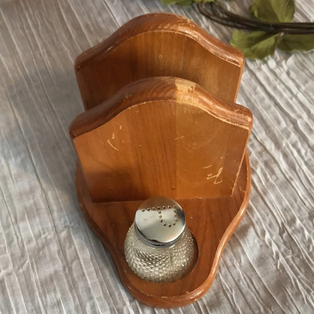 Vintage 1960s Salt & Pepper Shakers Cut Glass Beveled & Pfalzgraff napkin holder